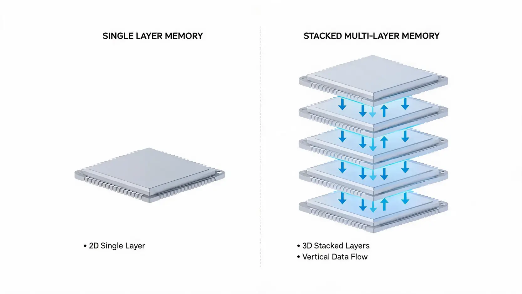 Comparison between traditional flat memory and vertically stacked High-Bandwidth Memory (HBM)