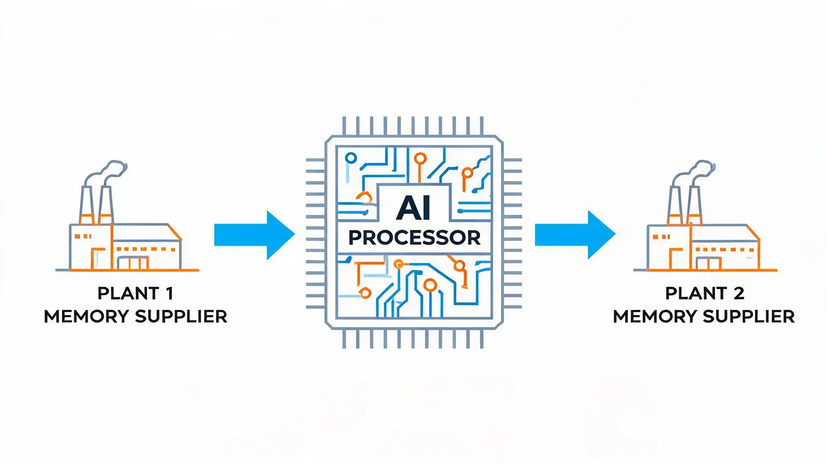 Flowchart illustrating a dual-source supply chain for AI processors with two memory suppliers