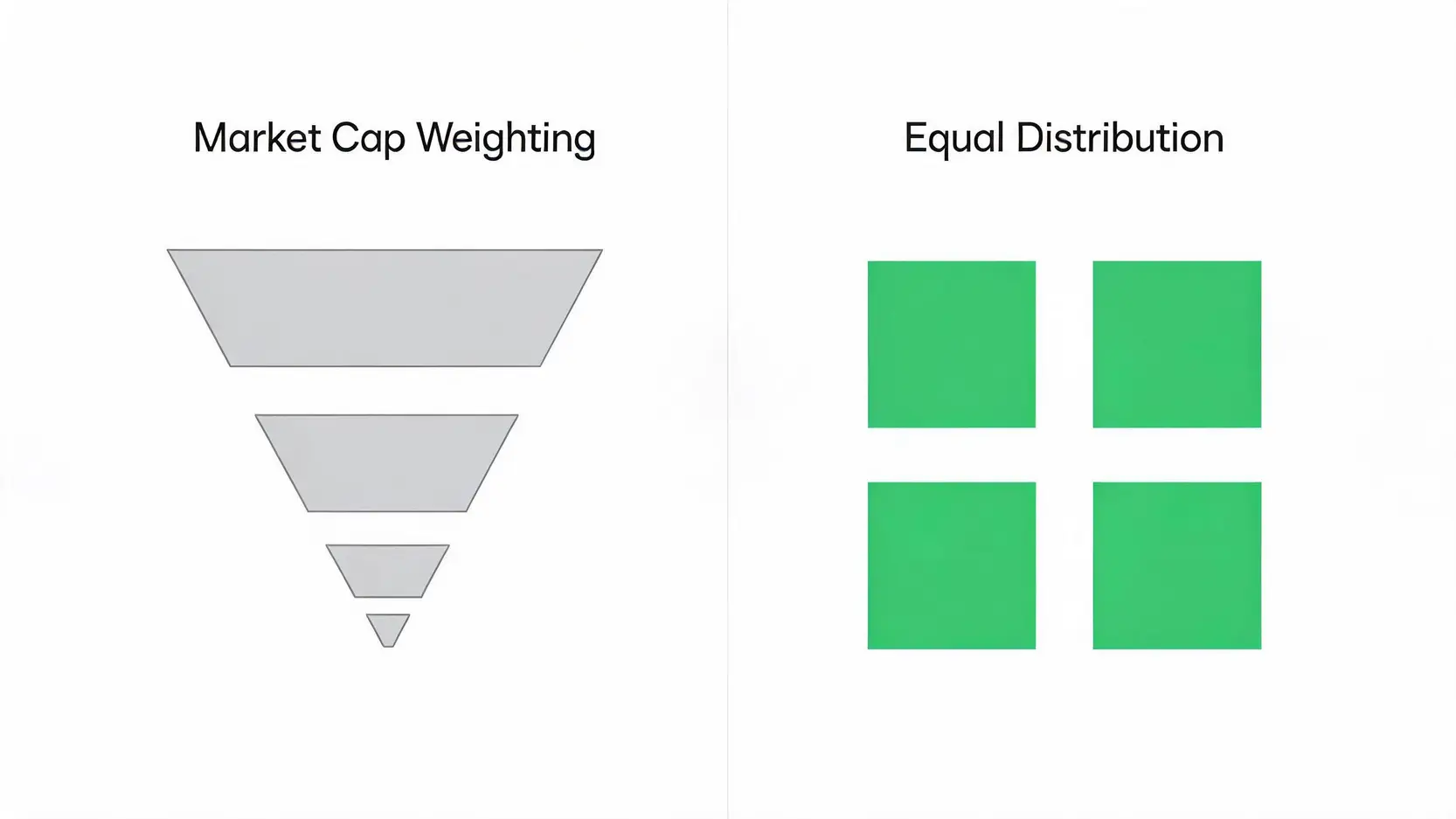 Comparison diagram showing a top-heavy market cap index versus a balanced equal-weight index.