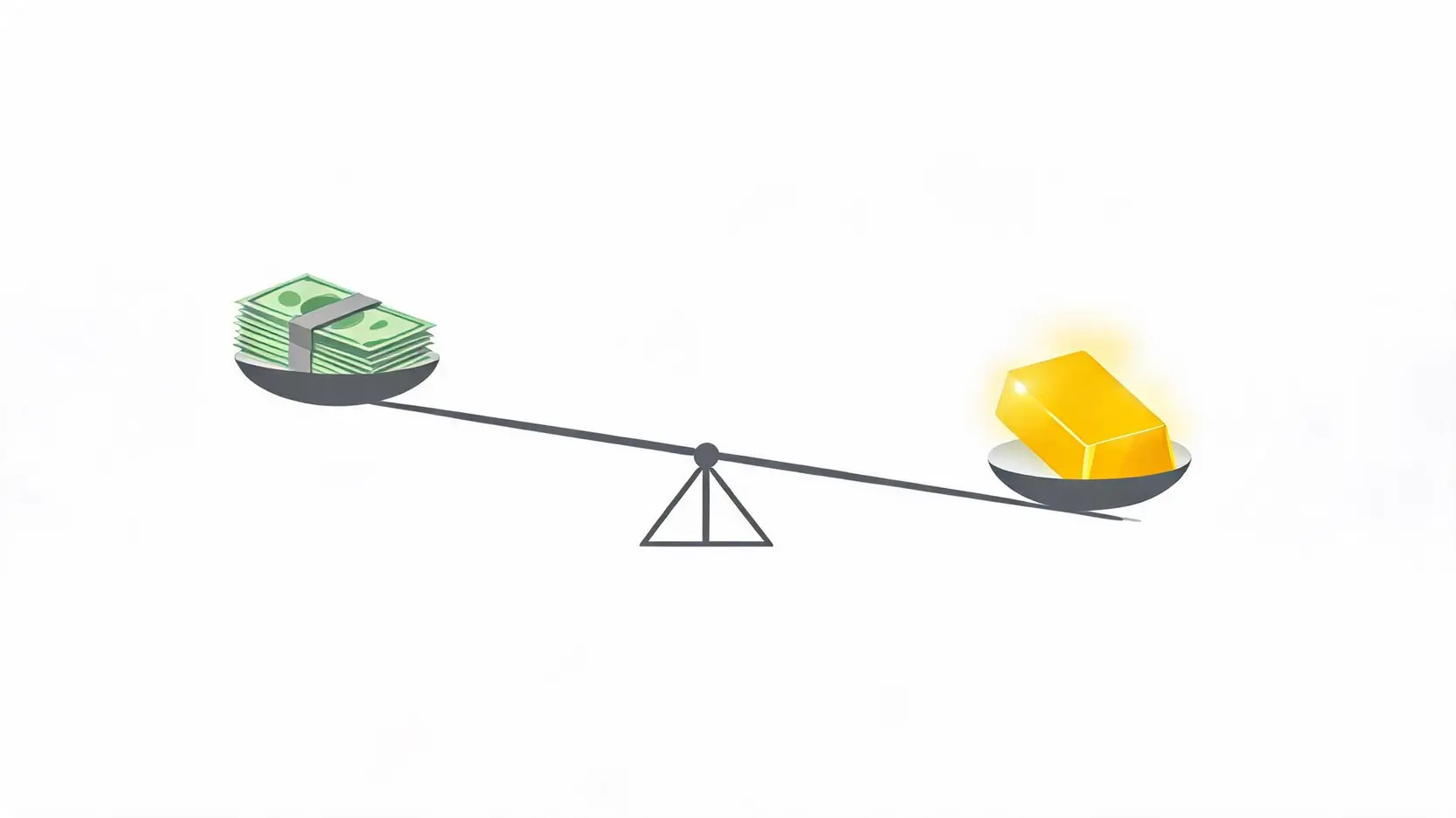 Balance scale illustration weighing paper currency against a heavy gold bar representing shifting reserves.