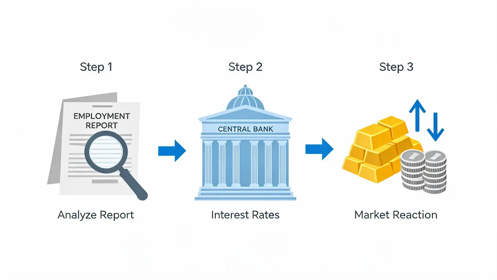 Flowchart illustrating how the NFP employment report influences interest rates and precious metal prices.