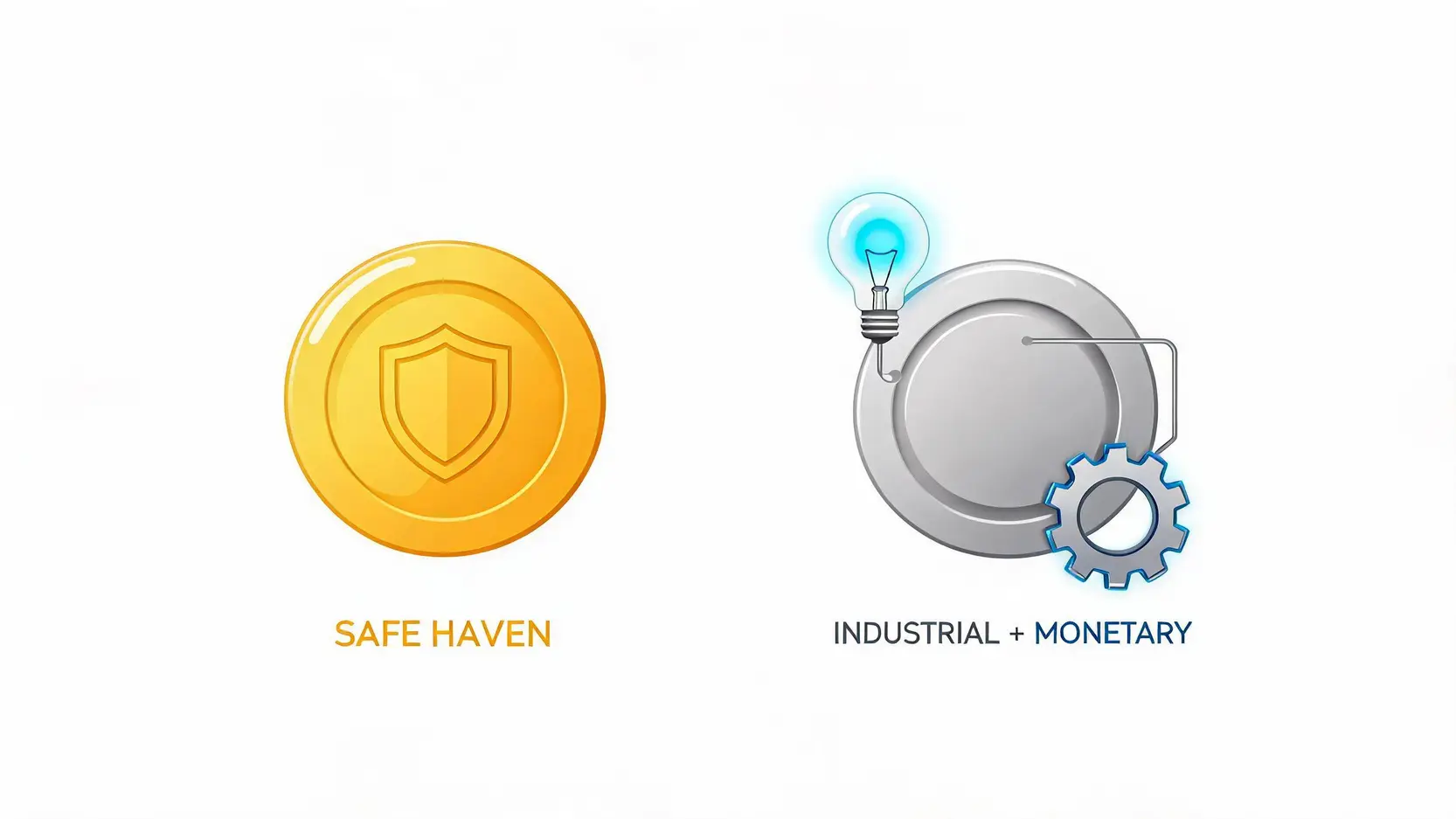 Side-by-side comparison of gold as a pure safe haven and silver as a dual-purpose monetary and industrial asset.