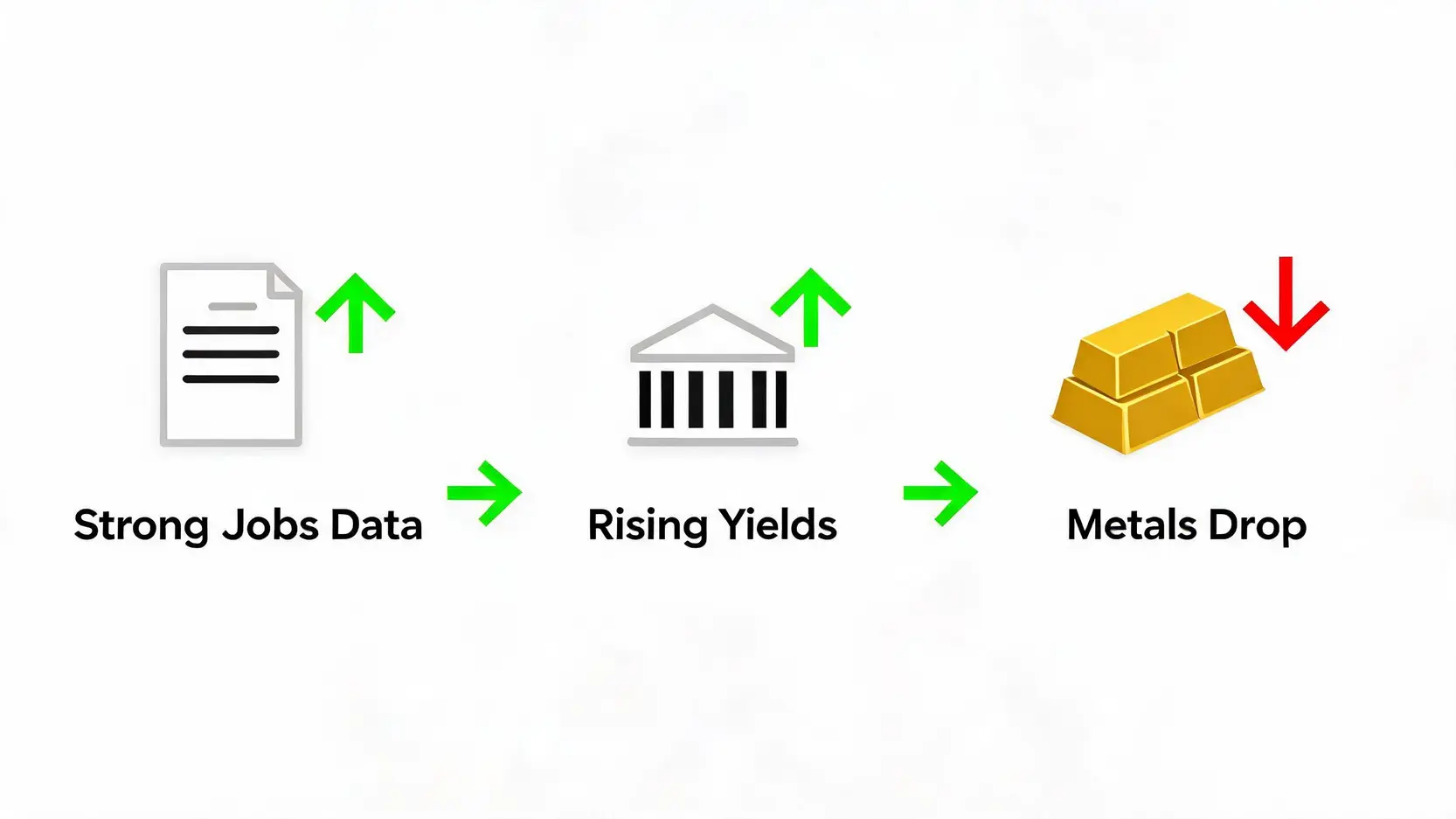 Flowchart illustrating how strong NFP employment data leads to rising yields and falling gold prices