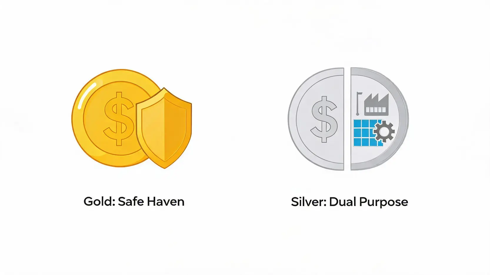 Comparison diagram showing gold as a pure monetary asset and silver as a dual-purpose monetary and industrial asset