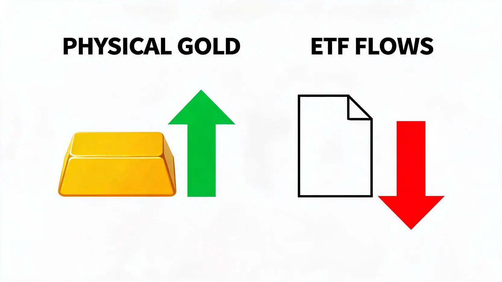 Conceptual illustration of physical gold prices rising while ETF flows decrease
