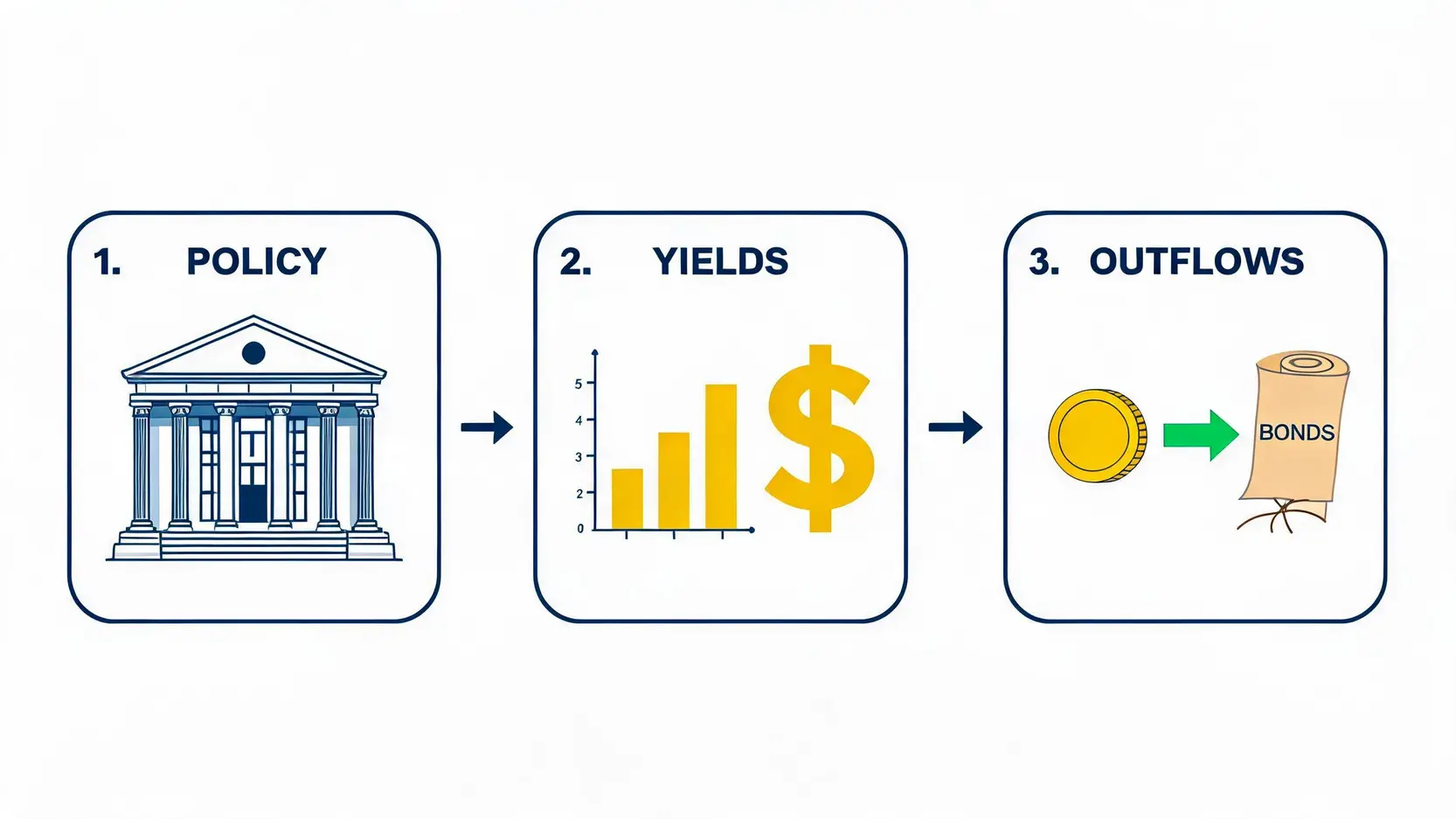 Flowchart illustrating how monetary policies lead to high yields and gold ETF outflows