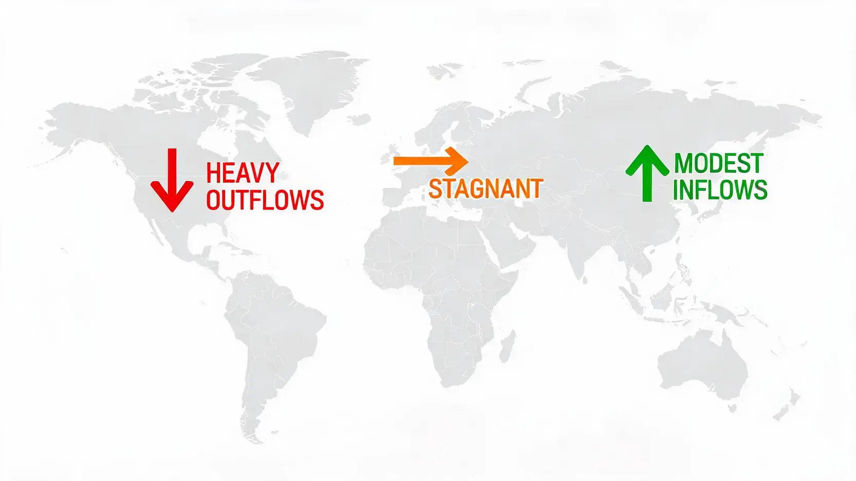 World map diagram showing regional differences in Gold ETF flows for North America, Europe, and Asia