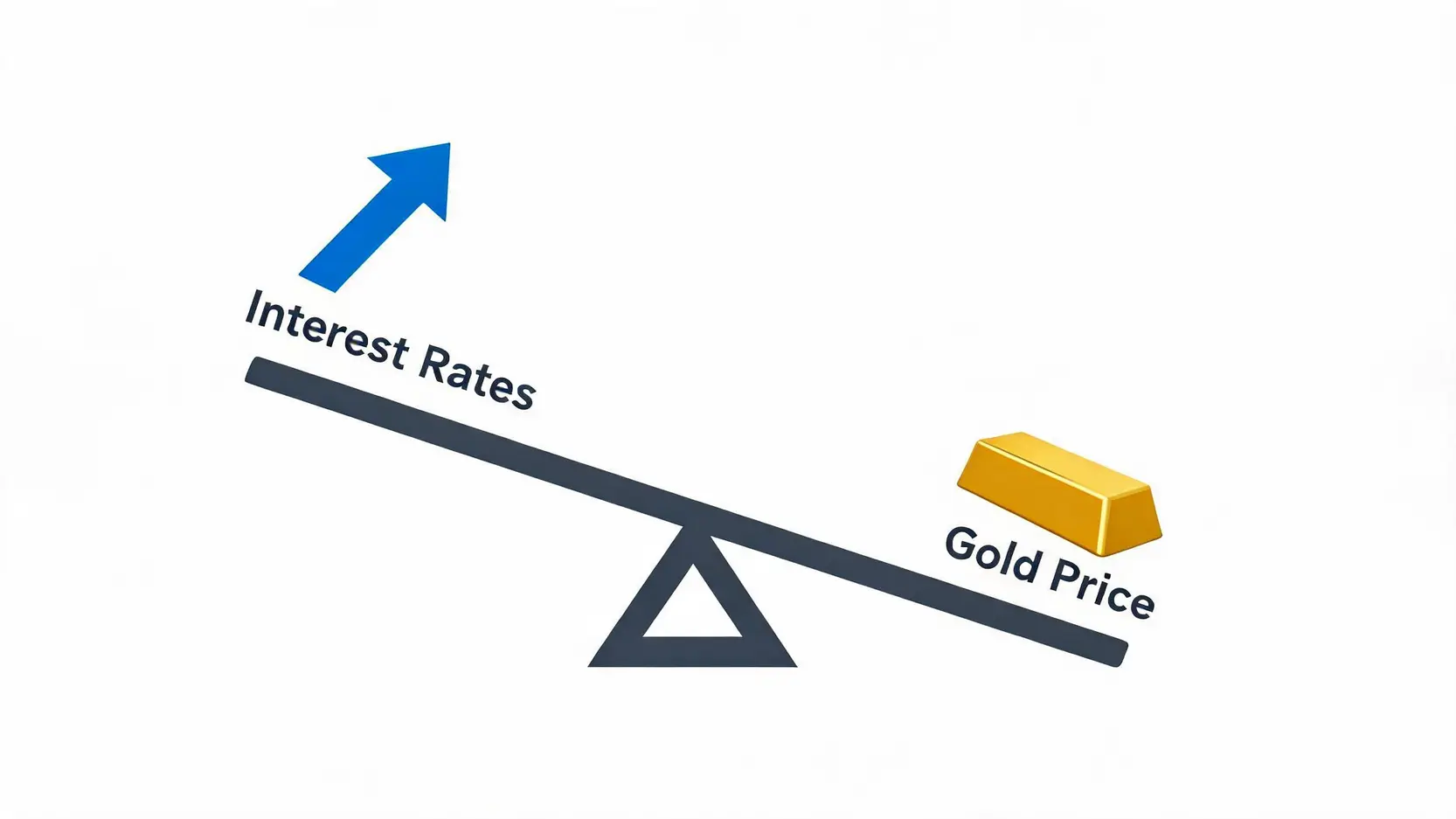 A seesaw diagram illustrating the inverse relationship between interest rates and gold price.