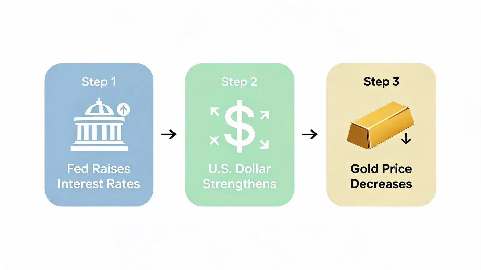 Flowchart showing how higher interest rates lead to a stronger dollar, which in turn leads to a lower gold price.