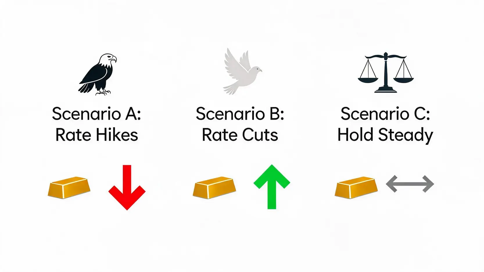 Infographic comparing three 2026 Fed policy scenarios and their impact on gold prices: rate hikes (negative), rate cuts (positive), and holding steady (neutral/volatile).