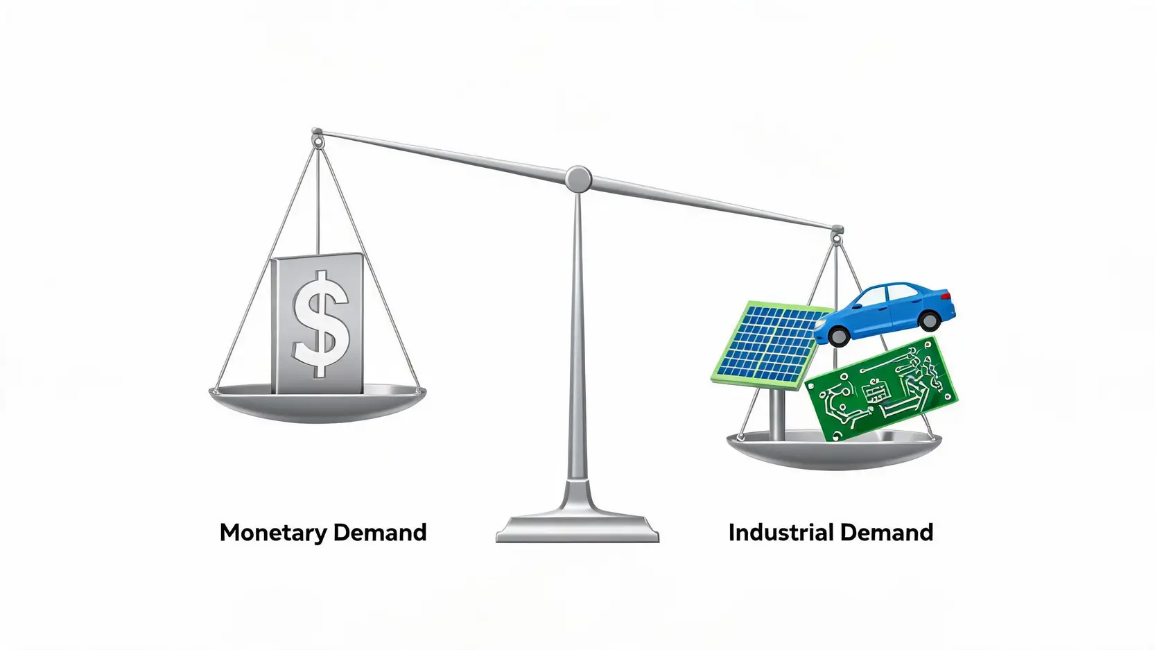 Conceptual illustration of silver's dual demand drivers: monetary investment versus industrial use in green energy.