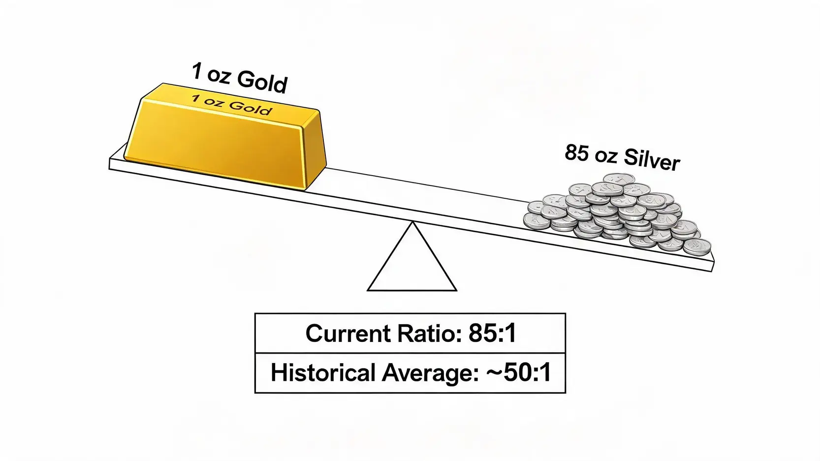A seesaw illustrating the Gold-to-Silver ratio of 85:1, showing how many ounces of silver are needed to buy one ounce of gold.