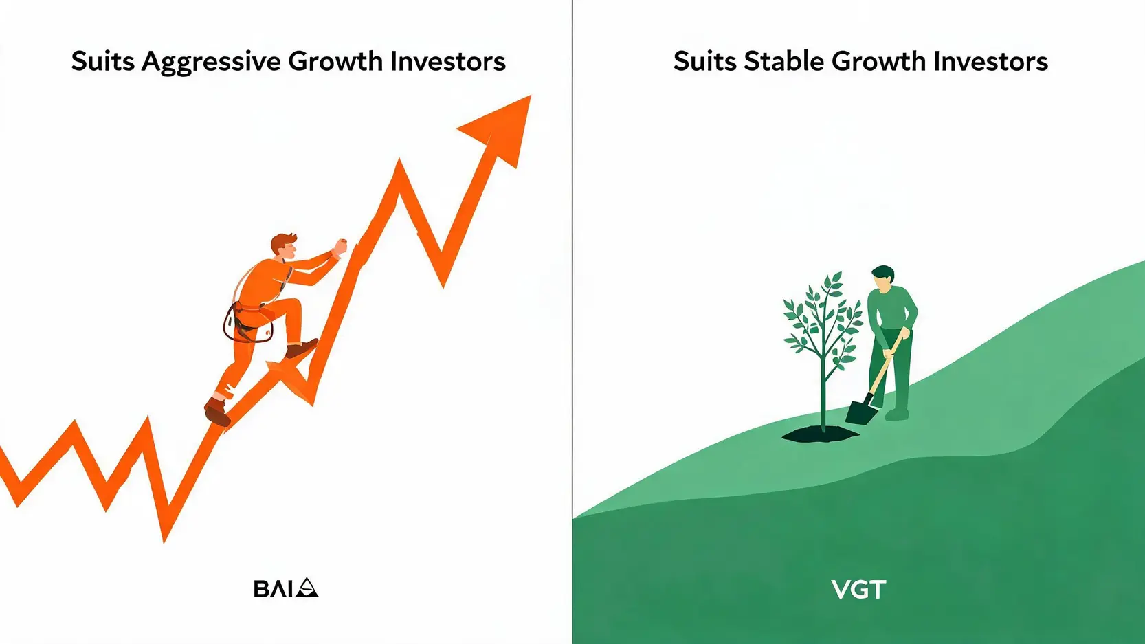 Comparison of investor profiles: an aggressive investor suited for BAI versus a long-term, stable growth investor suited for VGT.