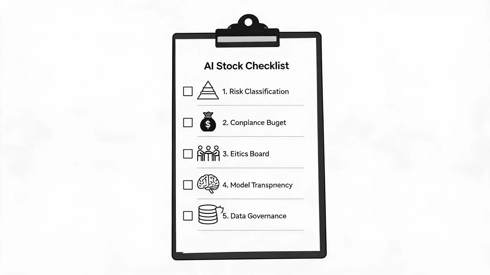 An investor checklist for AI stocks, showing icons for risk classification, budget, ethics board, model transparency, and data governance.