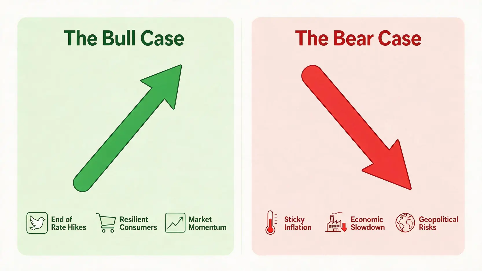 Comparison diagram showing the bull case versus the bear case for the S&P 500 in July 2026, with key factors listed for each scenario.