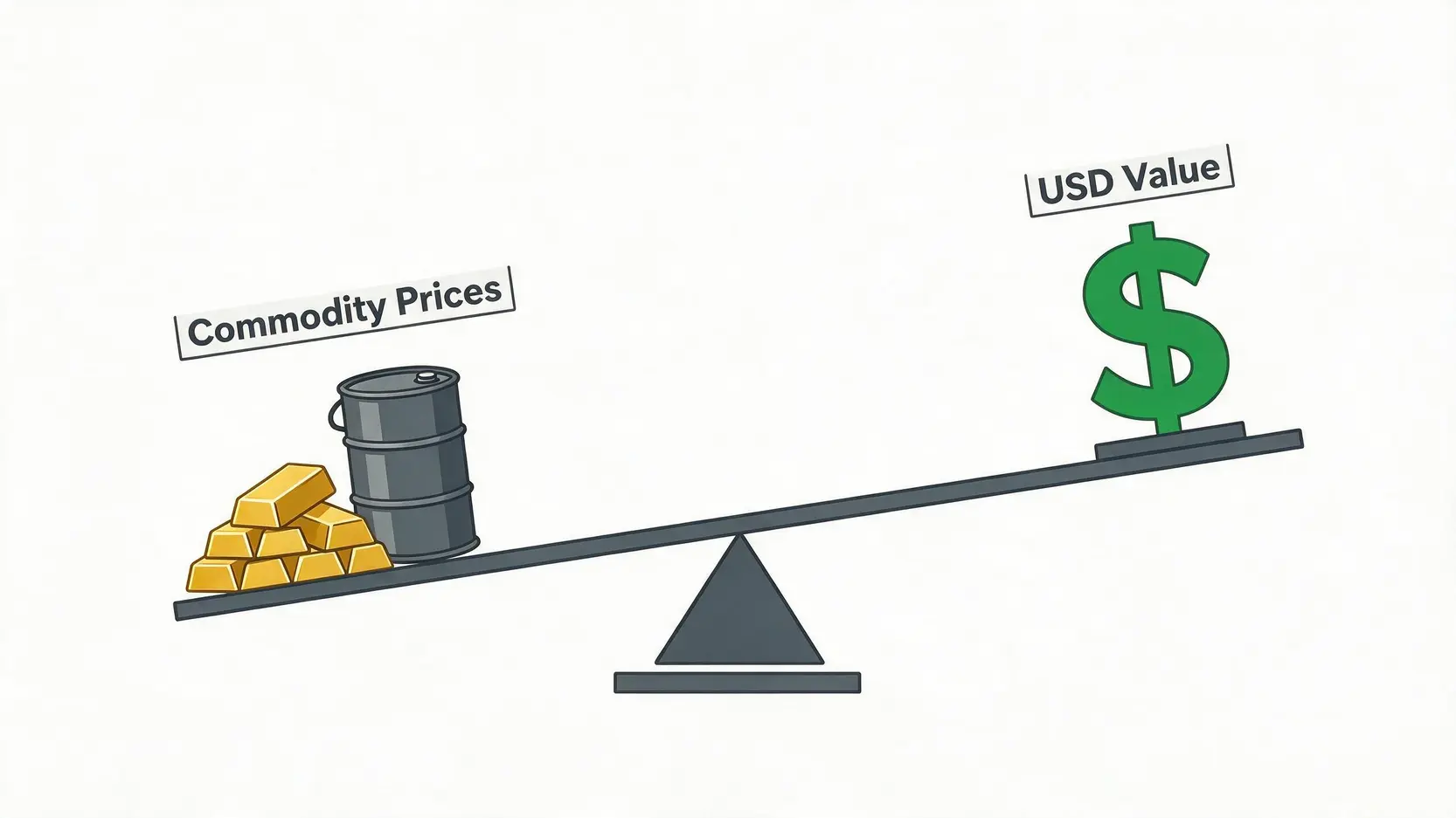 A seesaw illustrating the inverse relationship between the US dollar value and commodity prices like gold and oil.