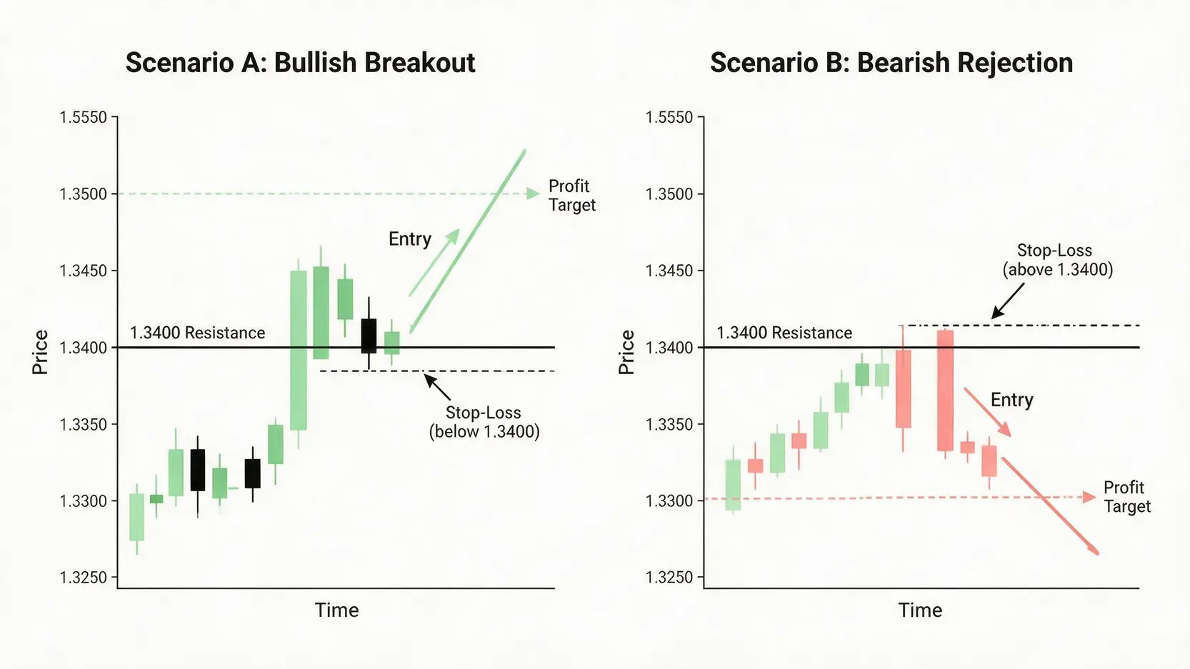 Comparison of bullish breakout and bearish rejection trading strategies for GBP/USD at the 1.34 resistance.