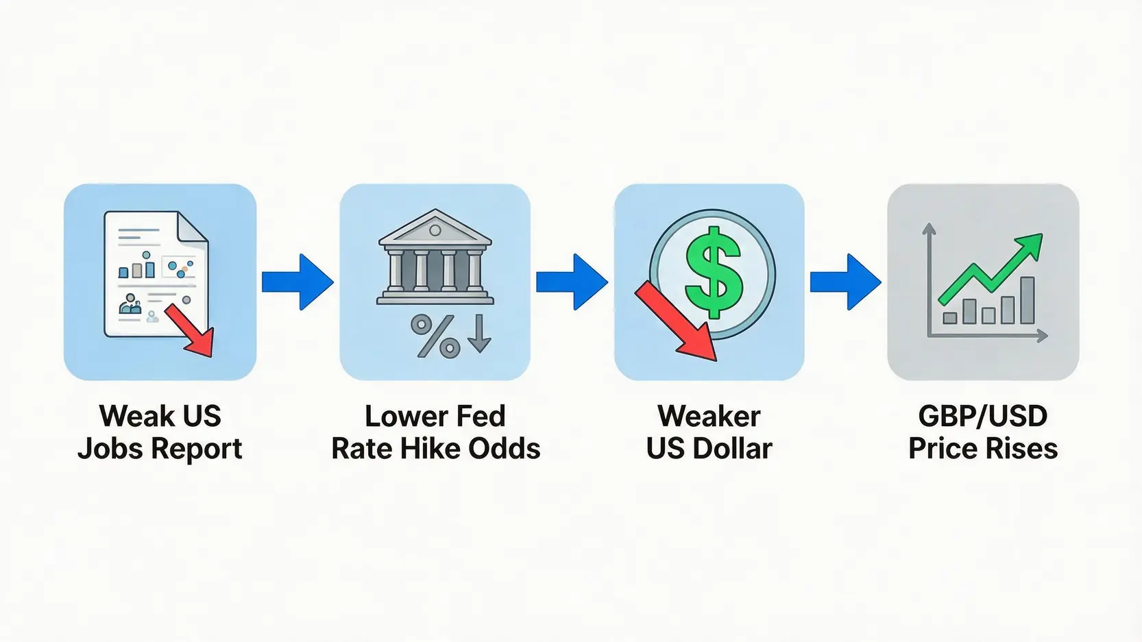 Flowchart showing how a weak US jobs report leads to a rise in the GBP/USD exchange rate.