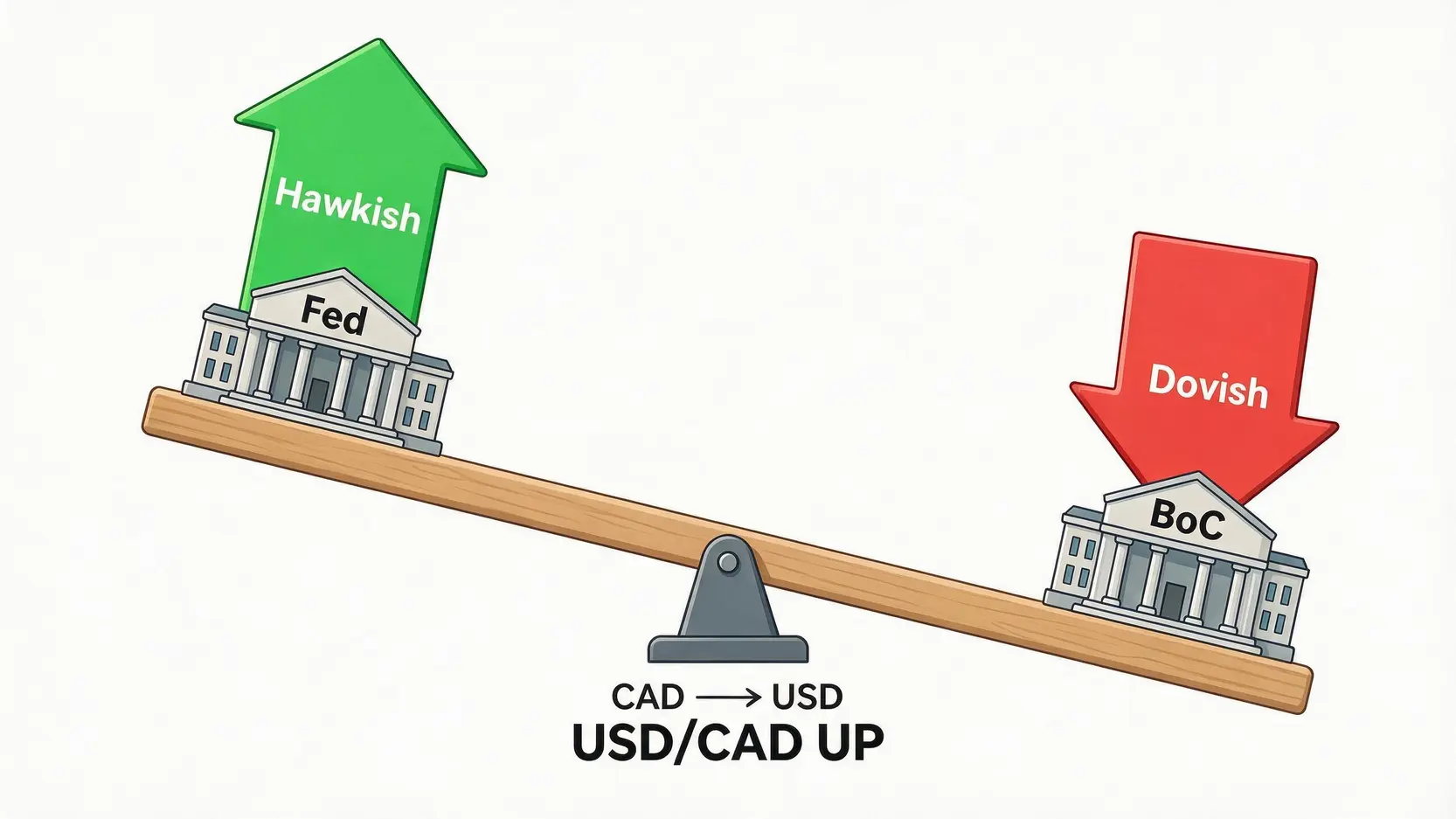 Diagram showing how hawkish Fed policy versus dovish BoC policy strengthens the USD/CAD exchange rate.