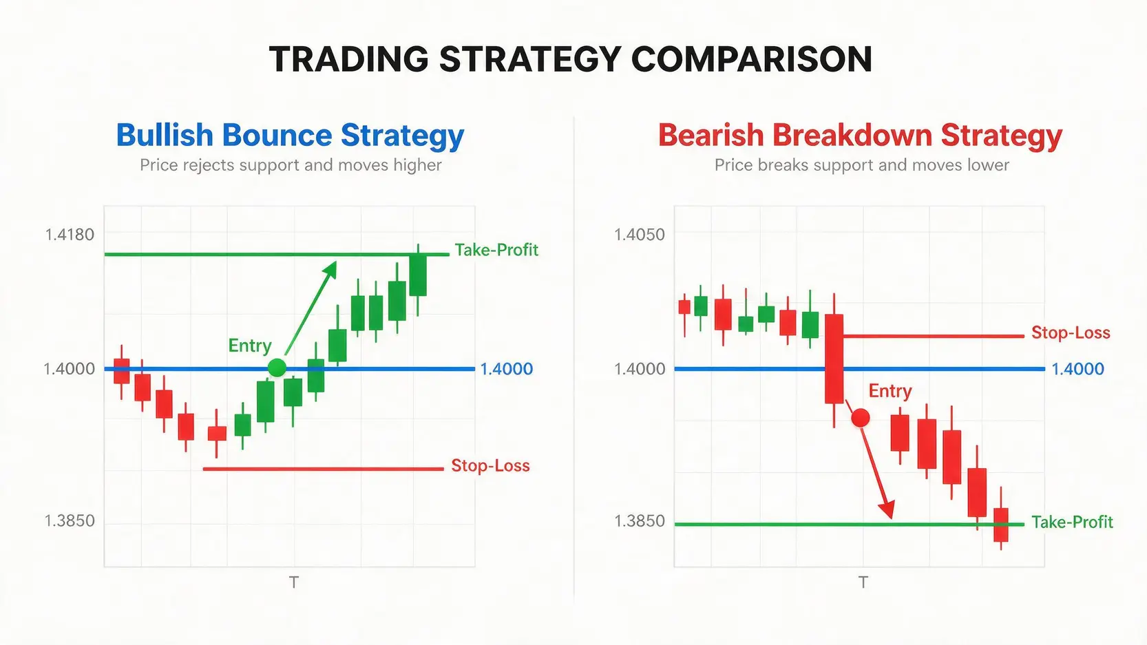 Illustration of bullish and bearish trading strategies for USD/CAD around the 1.4000 level.