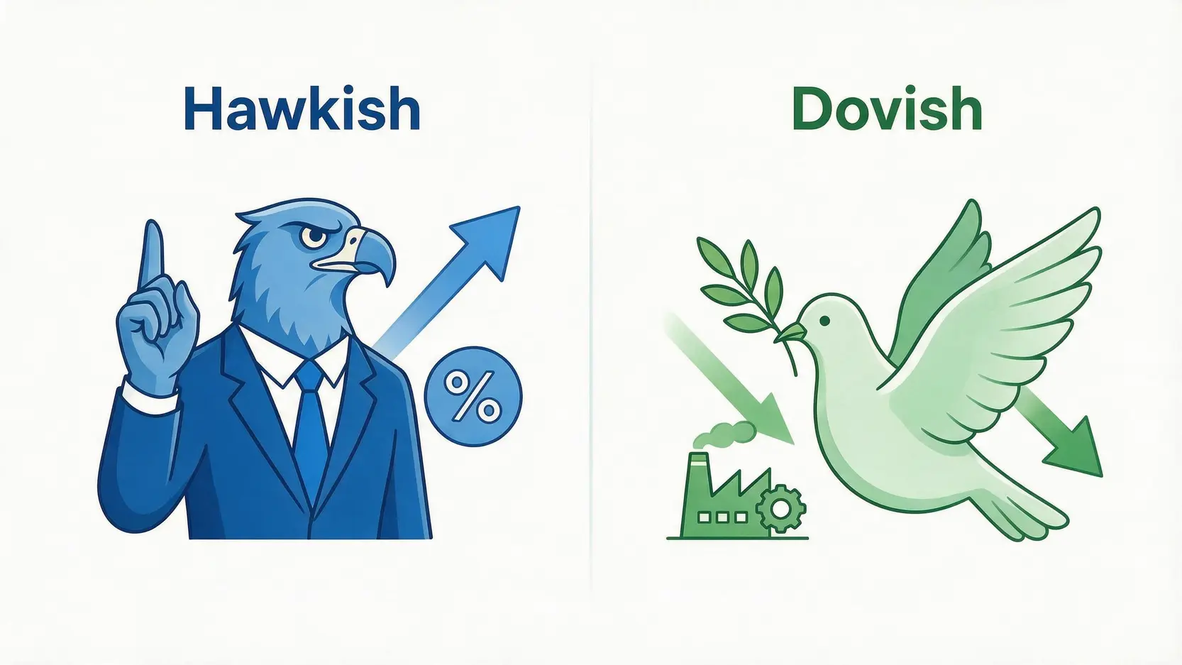 Illustration comparing hawkish and dovish monetary policy. Hawkish side shows a hawk with a rising interest rate icon. Dovish side shows a dove with an icon for economic growth.