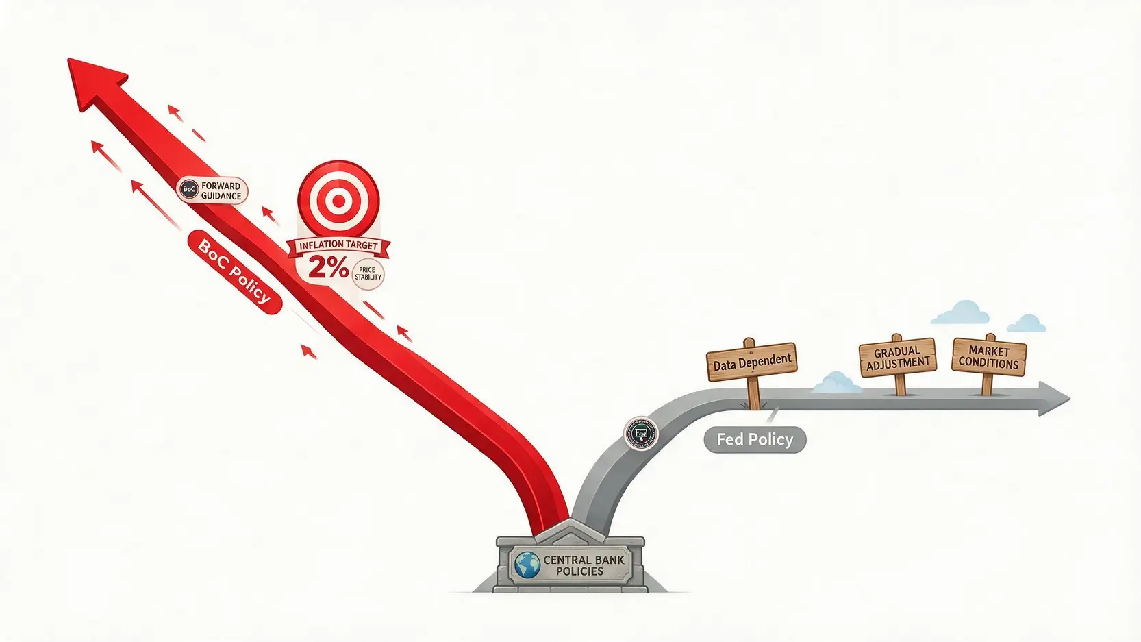 Diagram showing the policy divergence between the Bank of Canada (BoC) and the US Federal Reserve (Fed). BoC's policy path trends upward while the Fed's path flattens.
