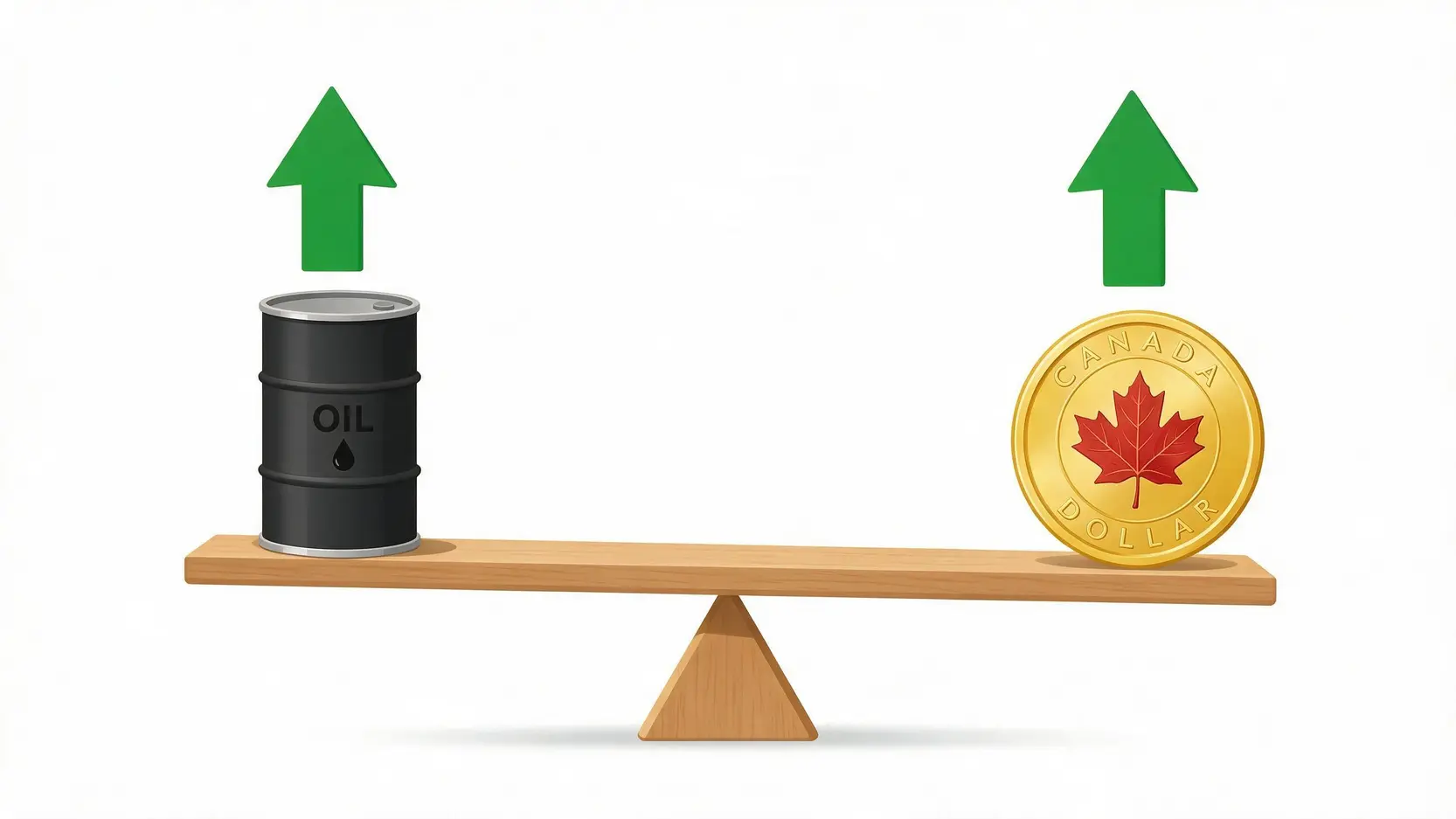 Illustration of a seesaw with an oil barrel on one side and a Canadian dollar coin on the other, both rising together, symbolizing the positive correlation between oil prices and the CAD.