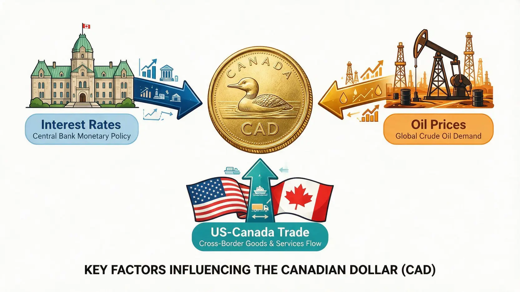 Diagram showing Interest Rates, Oil Prices, and US-Canada Trade as key drivers for the Canadian Dollar.