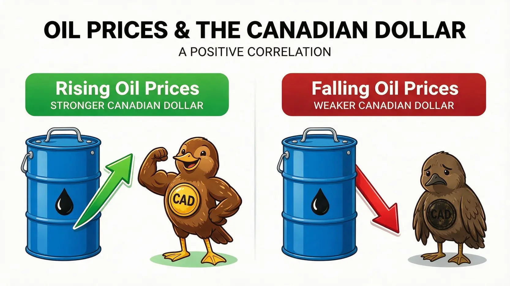 Illustration showing that rising oil prices lead to a stronger Canadian dollar, and falling oil prices lead to a weaker one.