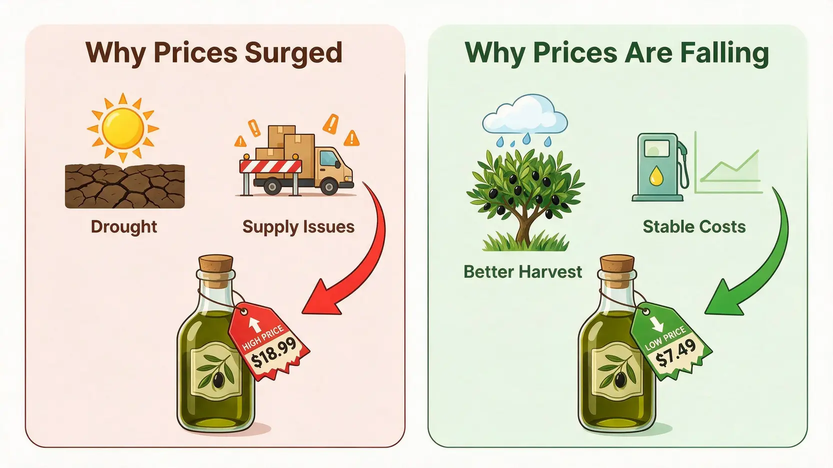 Comparison chart showing the factors for the olive oil price surge (drought, supply issues) versus the factors for the price drop (better harvest, stable costs).