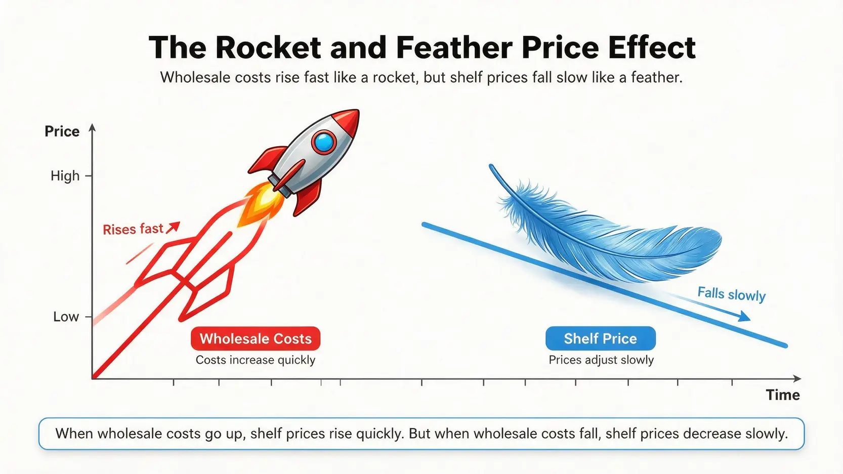 Illustration of the 'rocket and feather' effect, showing wholesale prices rising quickly like a rocket and retail prices falling slowly like a feather.