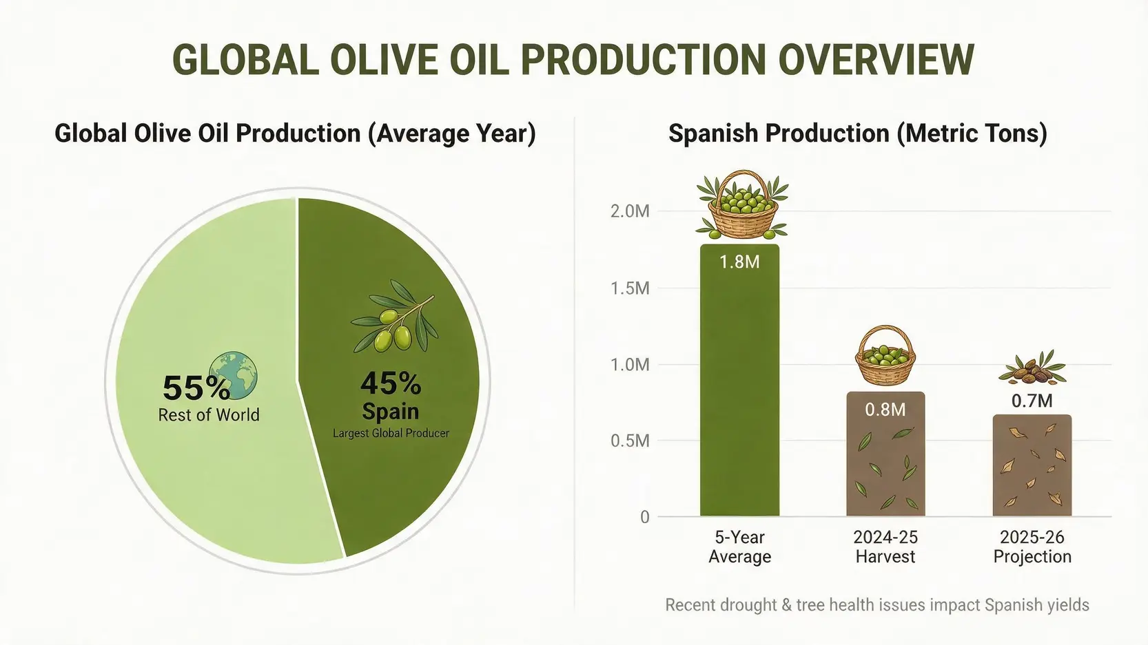 Infographic showing Spain's 45% share of global olive oil production and a bar chart illustrating the dramatic drop in its production from 1.8M tons to below 0.7M tons.