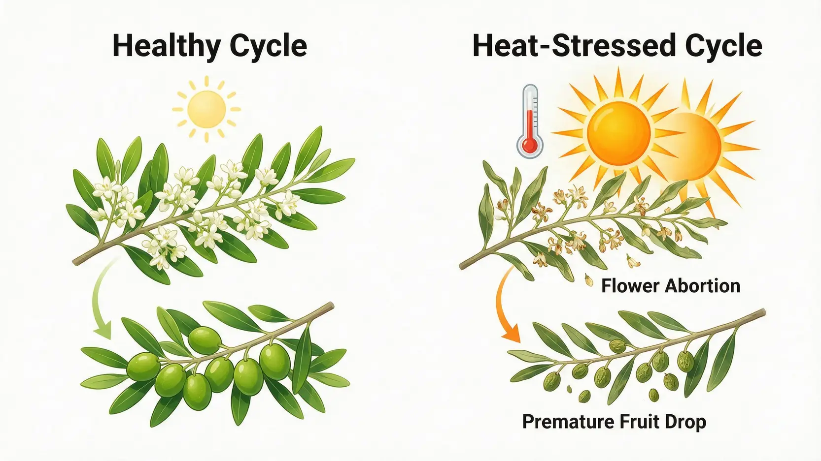 Diagram comparing a healthy olive tree life cycle with a heat-stressed cycle, showing flower abortion and premature fruit drop caused by extreme heat.