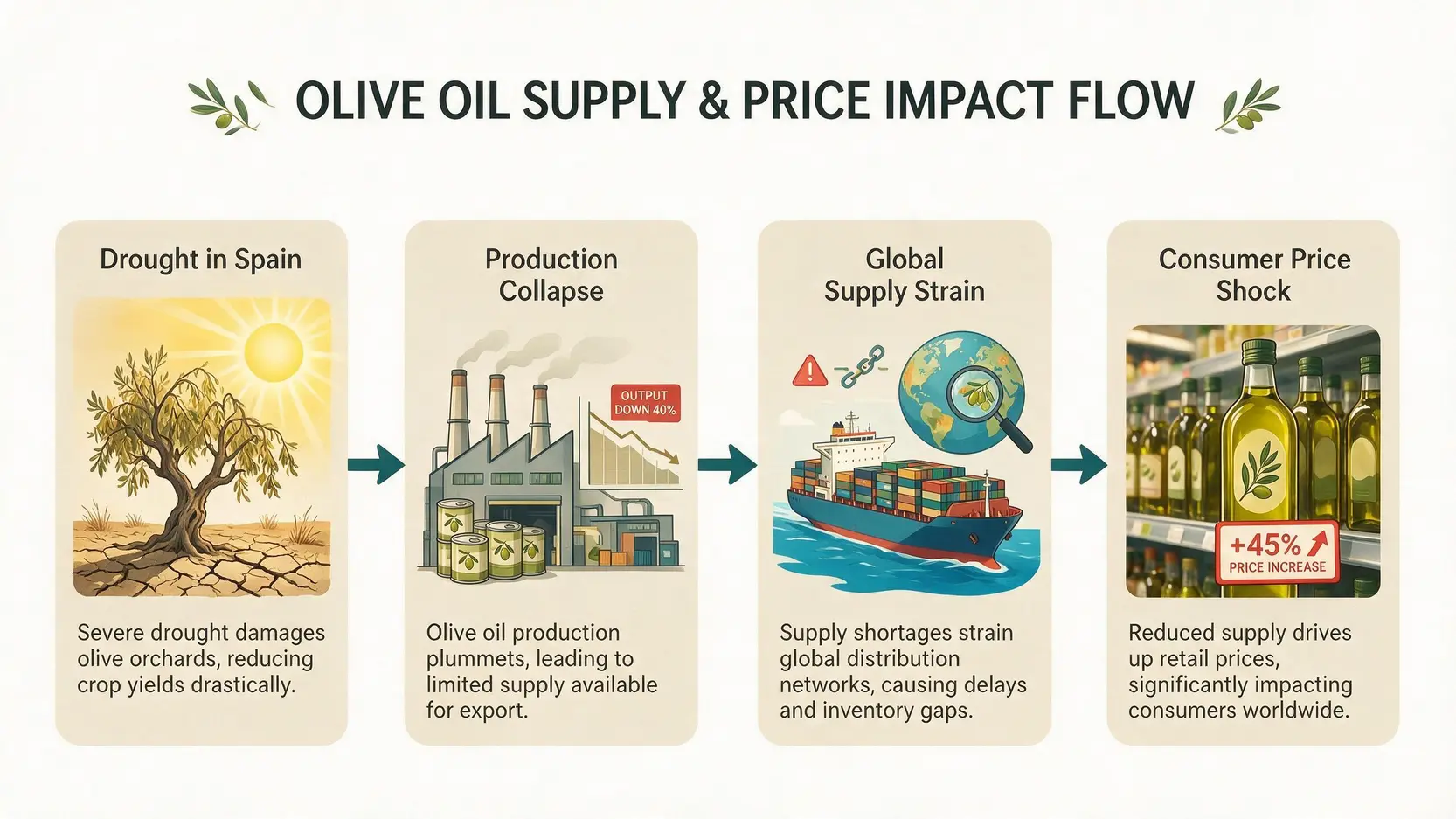 Flowchart illustrating the ripple effect of the olive oil crisis, from drought in Spain to consumer price shock.