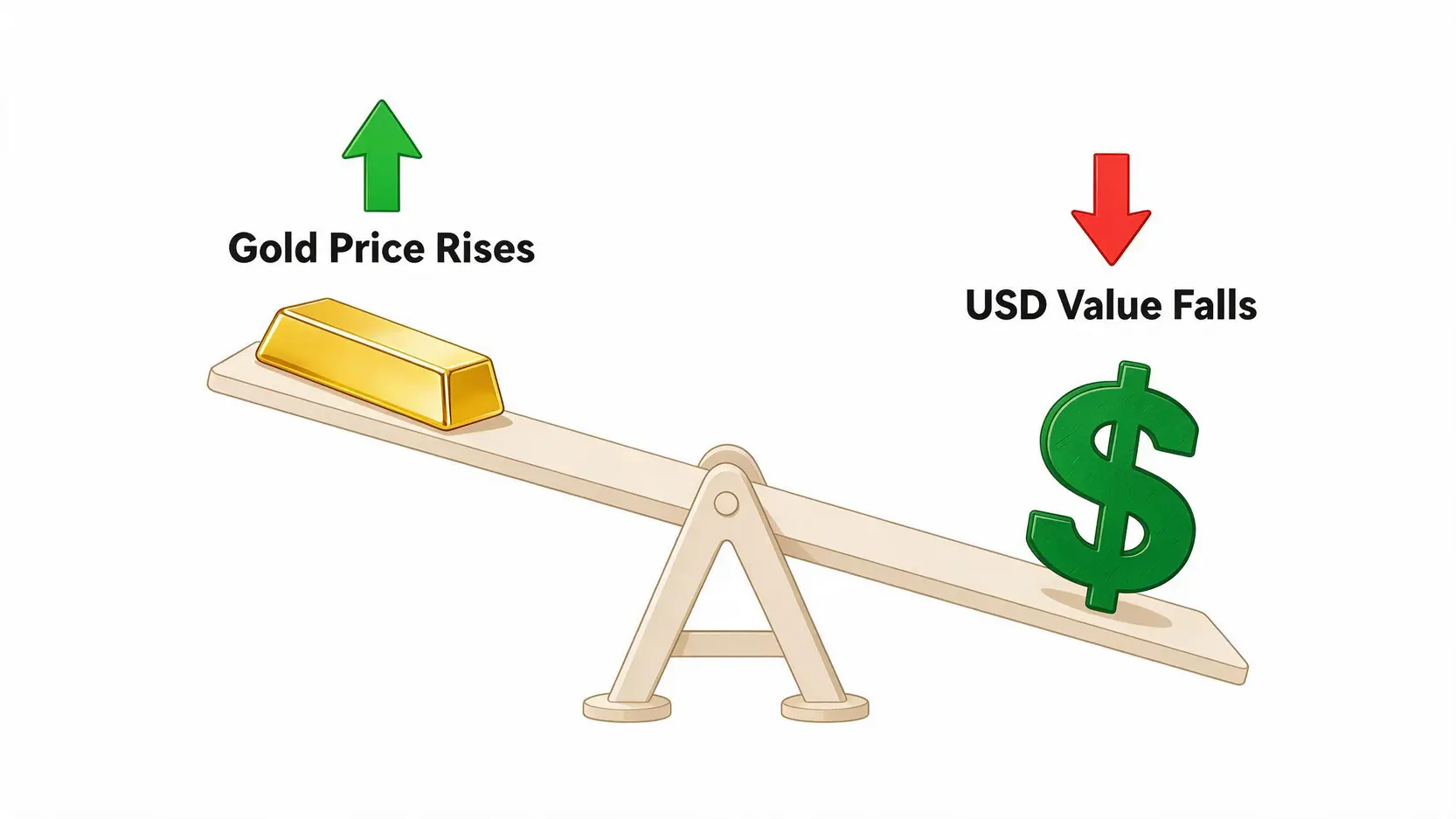 Conceptual illustration of the inverse relationship between gold (XAU) and the US dollar (USD), shown as a seesaw.