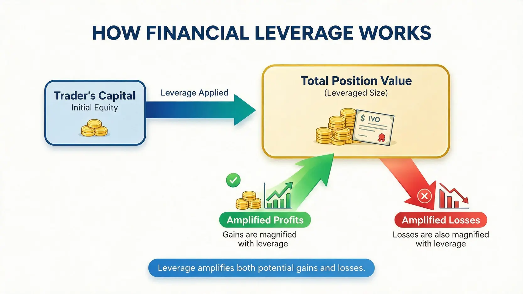 Diagram explaining how CFD leverage works, showing how a small amount of capital controls a larger position, amplifying both potential profits and losses.