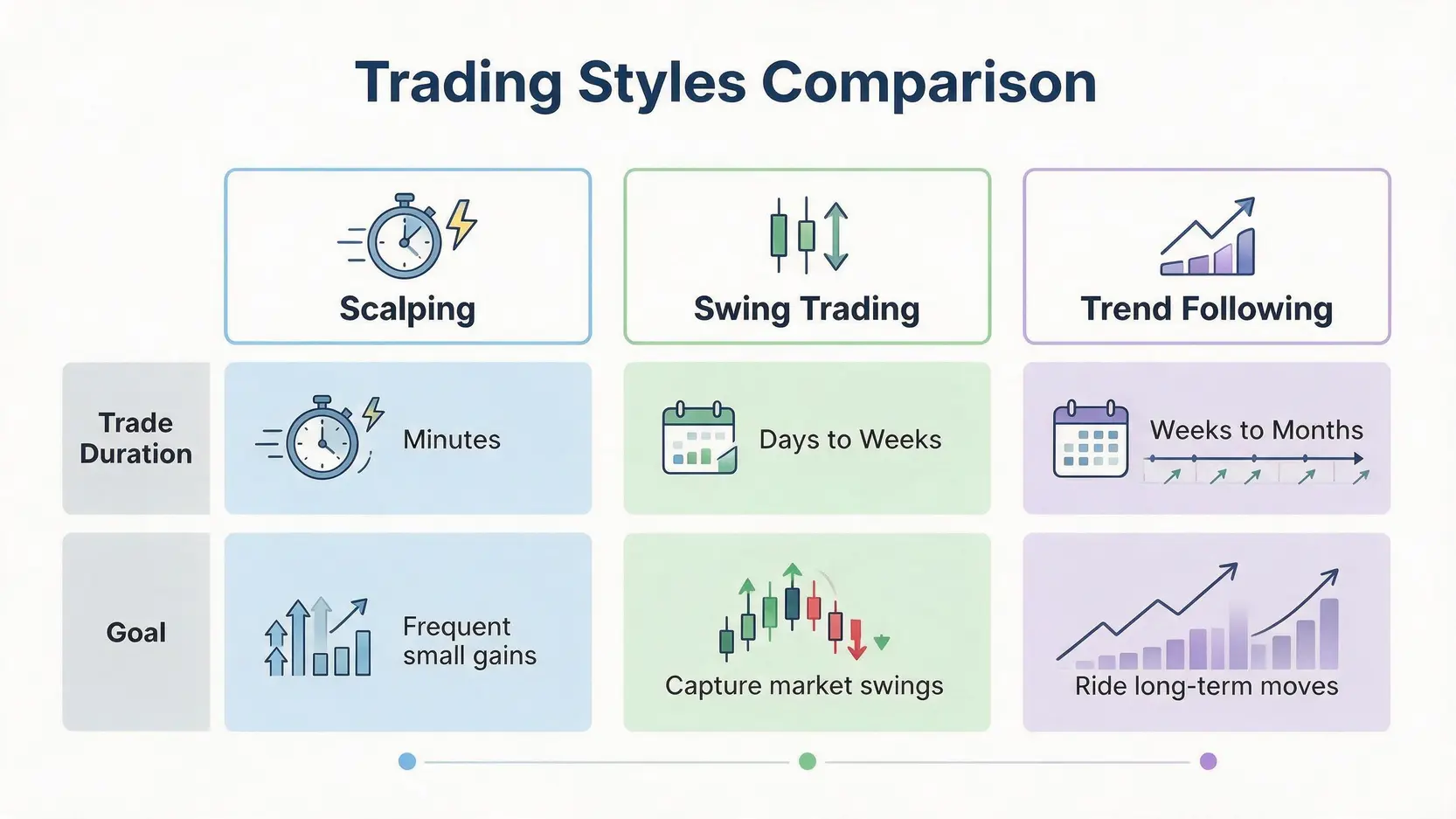 Comparison chart of three main trading strategies: Scalping, Swing Trading, and Trend Following, based on duration and goals.