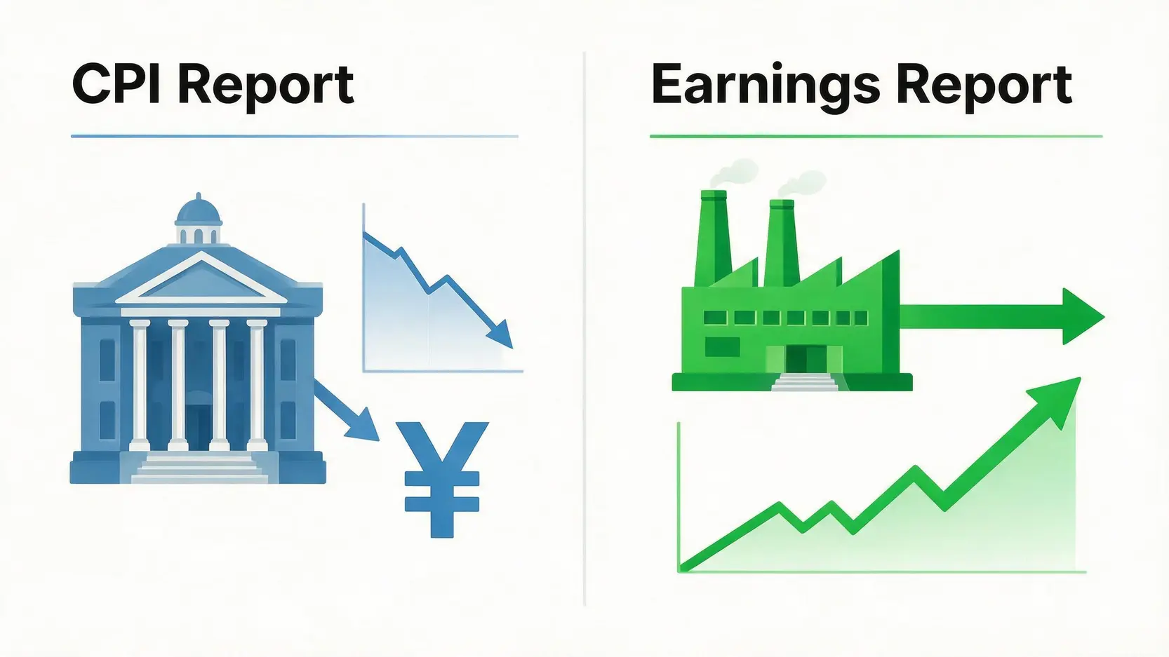 Diagram comparing the market impact of a CPI report versus a corporate earnings report.