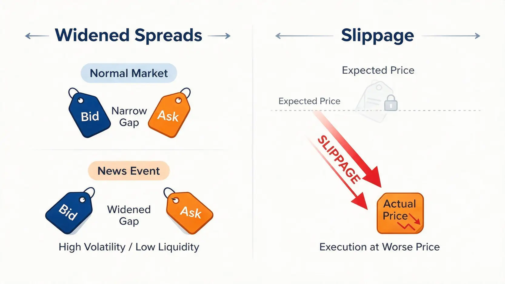 Illustration explaining the trading risks of widened spreads and slippage during news events.