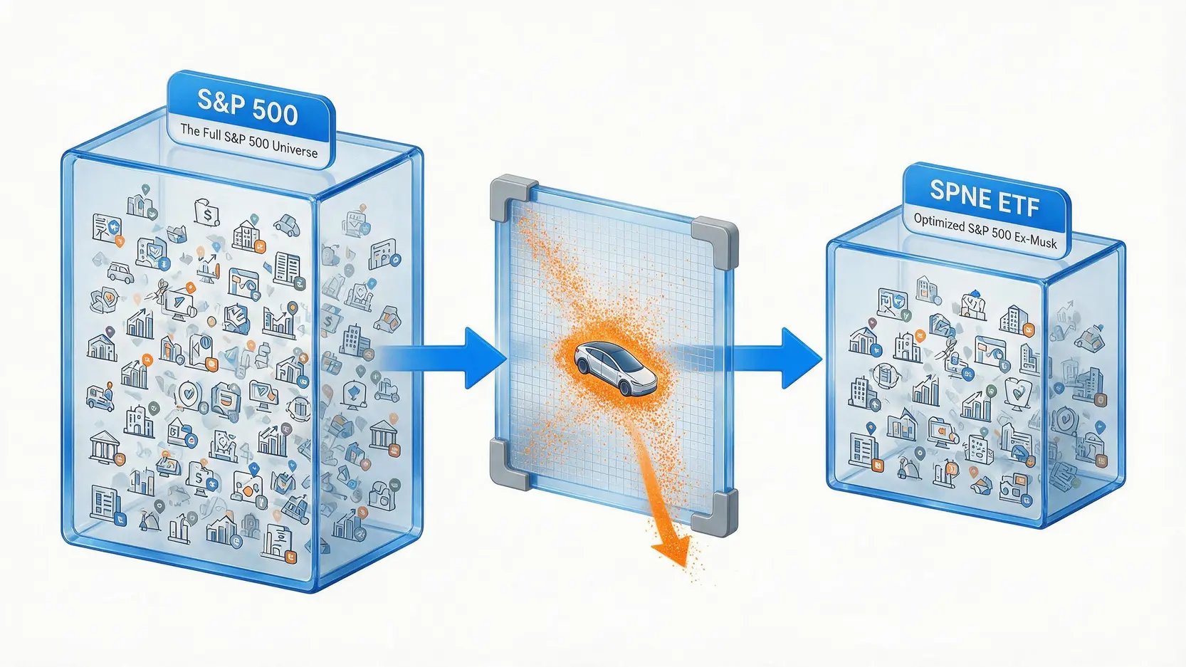 Diagram showing the S&P 500 stocks being filtered to remove Elon Musk's companies, resulting in the SPNE ETF.