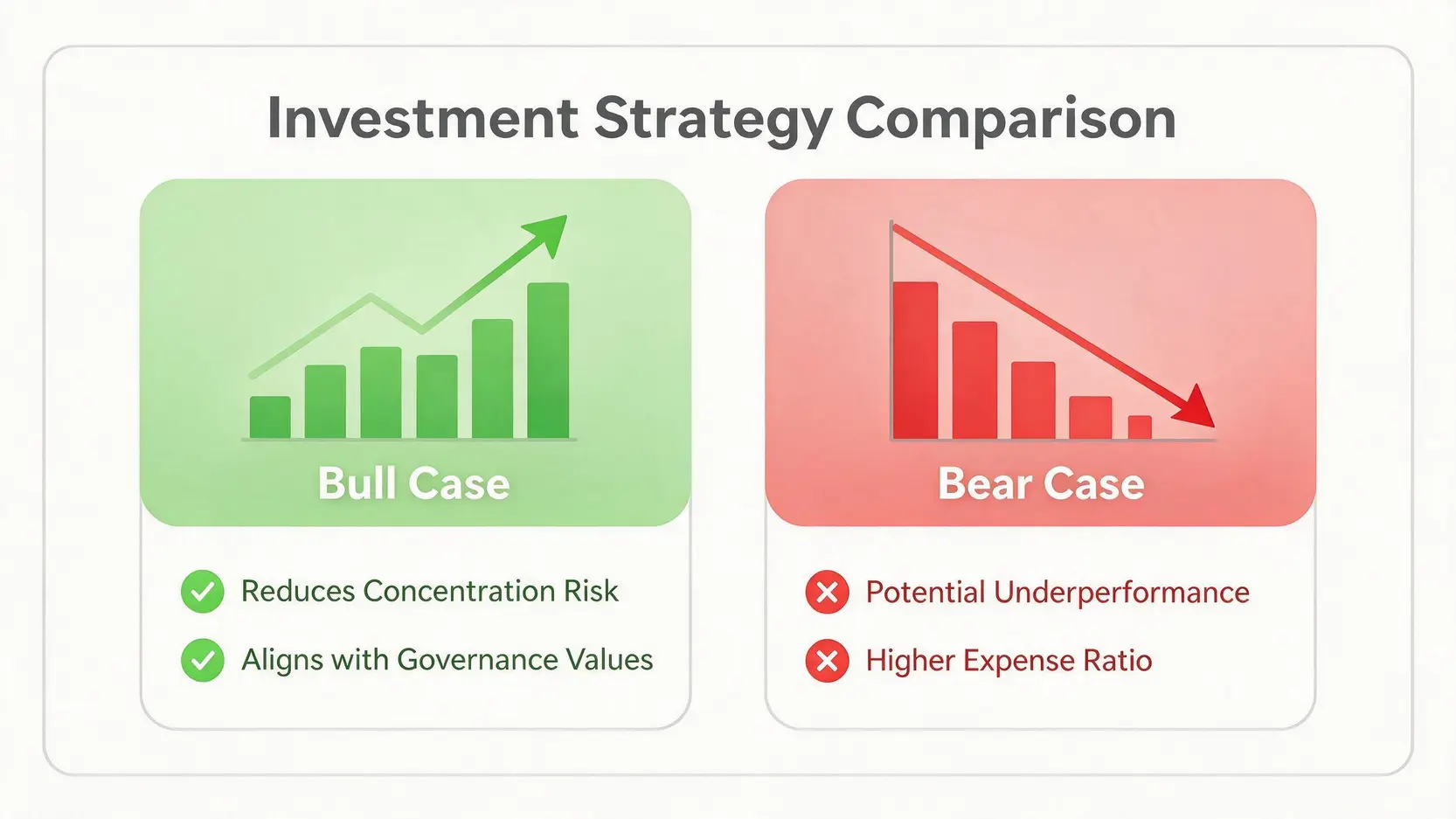 Comparison chart showing the bull case (pros) and bear case (cons) for investing in the SPNE ETF.