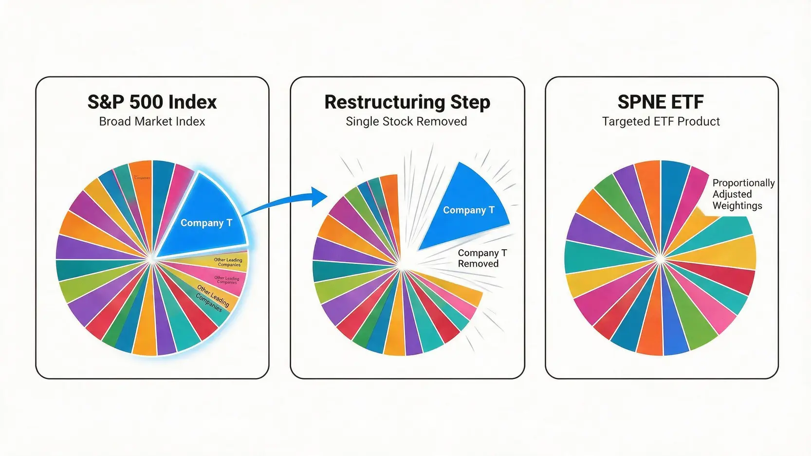 A diagram showing the creation of the SPNE ETF by removing one stock from the S&P 500 and re-weighting the rest.