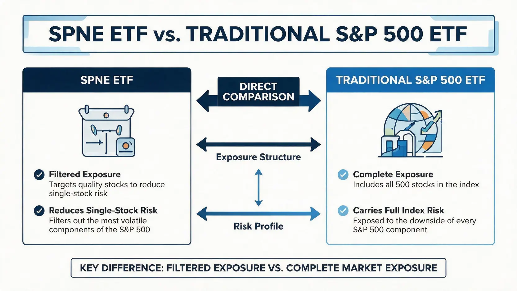 A comparison between the SPNE ETF and a traditional S&P 500 ETF like VOO.