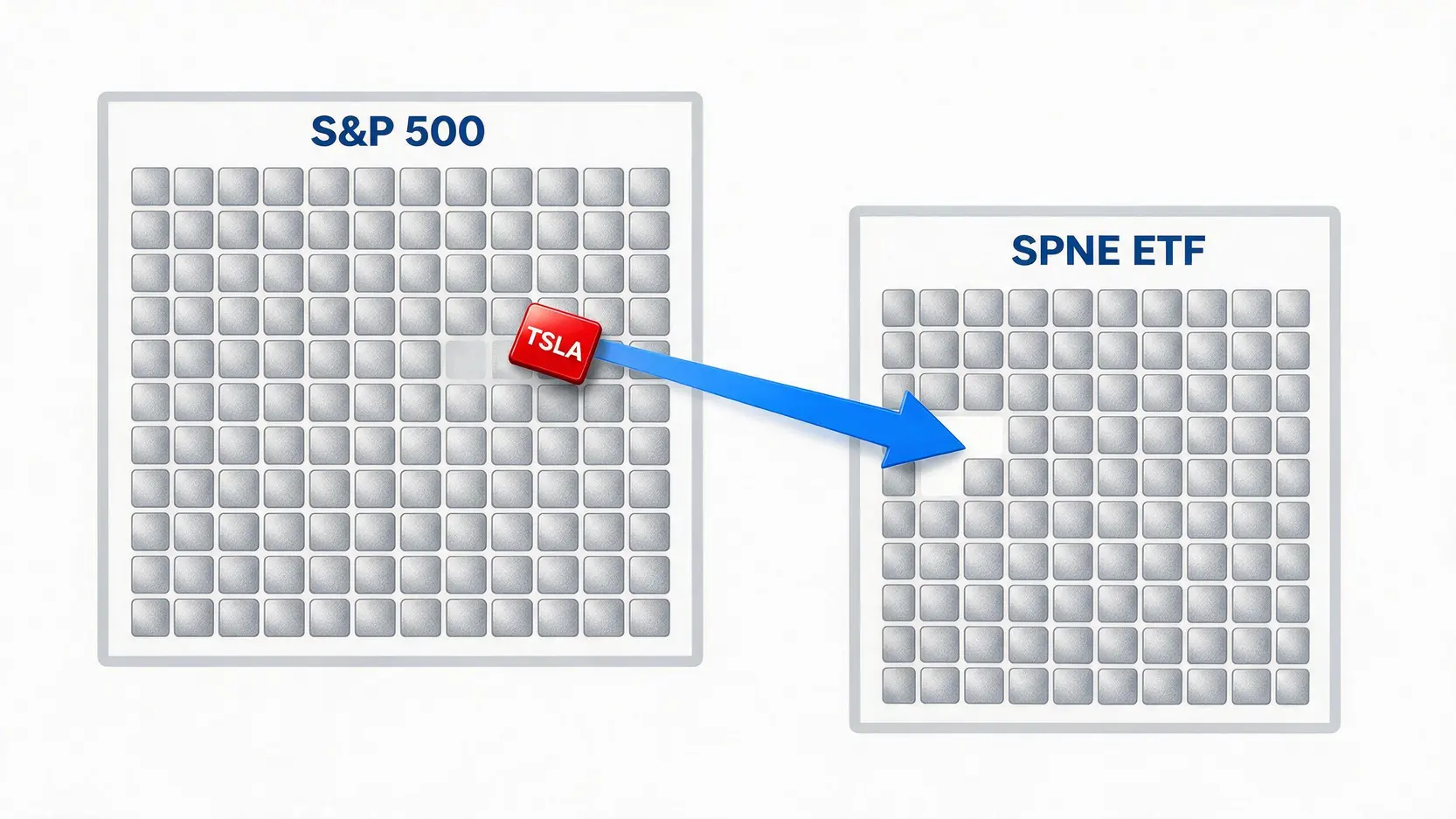 Diagram explaining the SPNE ETF, showing the S&P 500 index with the Tesla (TSLA) stock being removed.