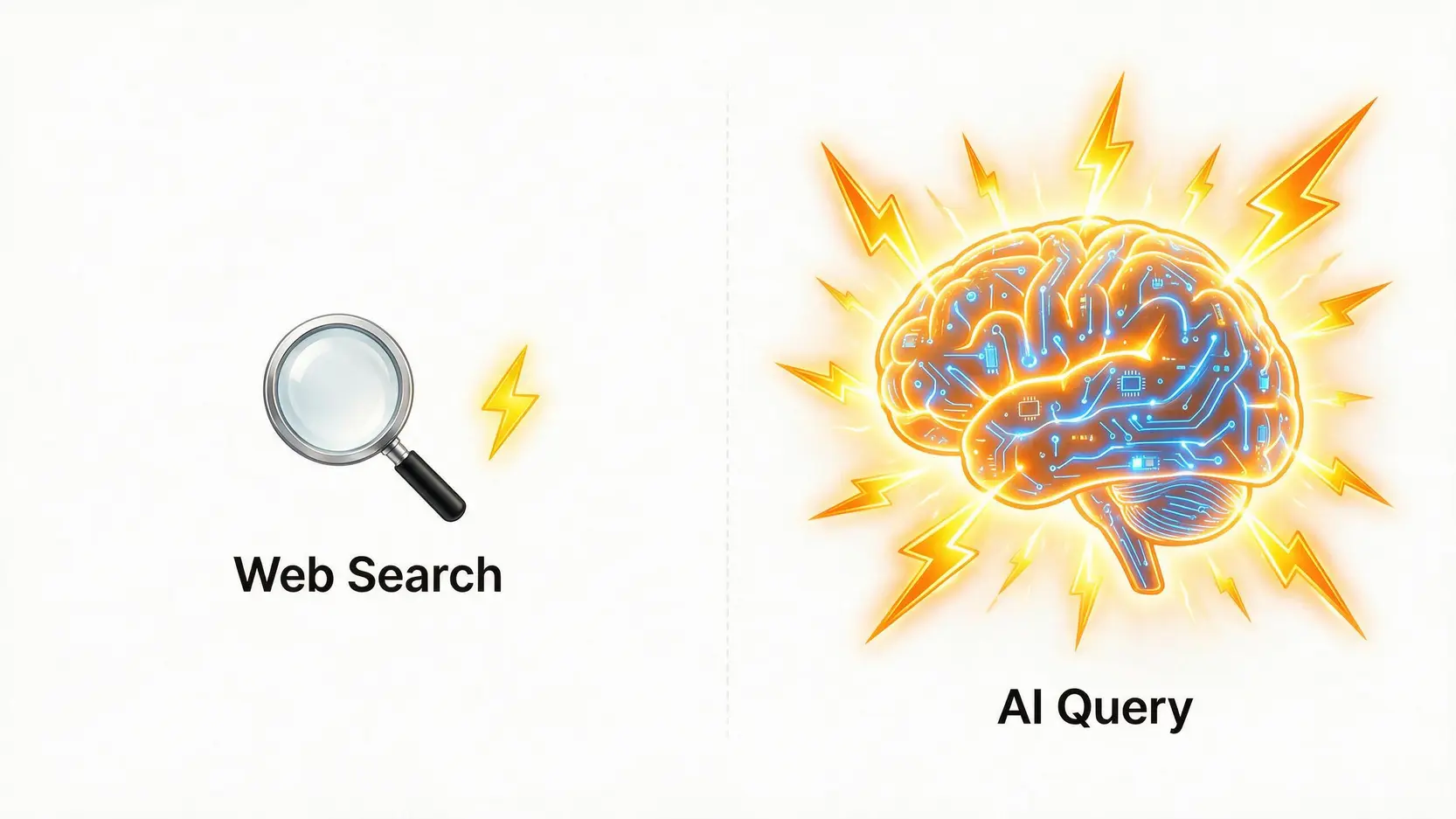 Illustration comparing the low energy use of a web search to the high energy consumption of an AI query.
