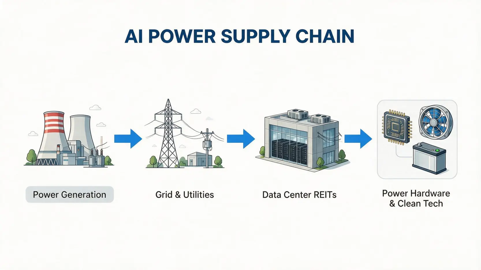 Flowchart of the AI Power Supply Chain, from power generation to grid, data centers, and hardware components.